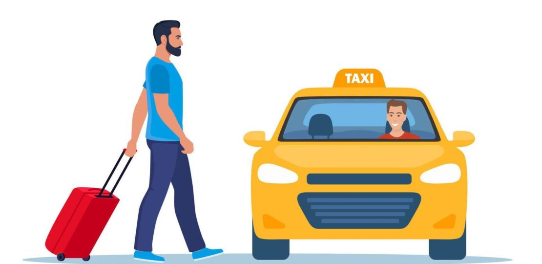 man-with-a-suitcase-take-taxi-yellow-taxi-car-front-view-taxi-with-smiling-man-driver-flat-illustration-vector